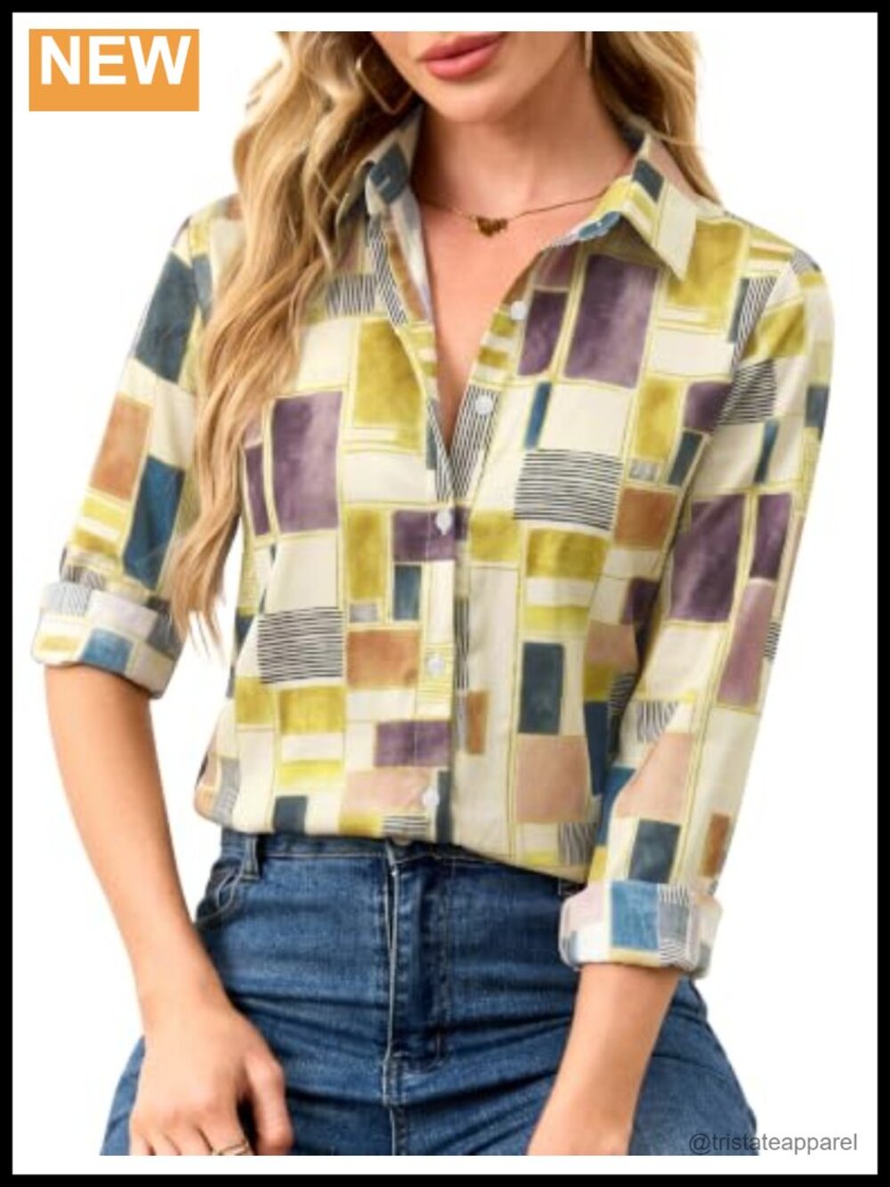 Wrinkle-Resistant Silky Women Printed Button Down Shirt Long Sleeve V-Neck